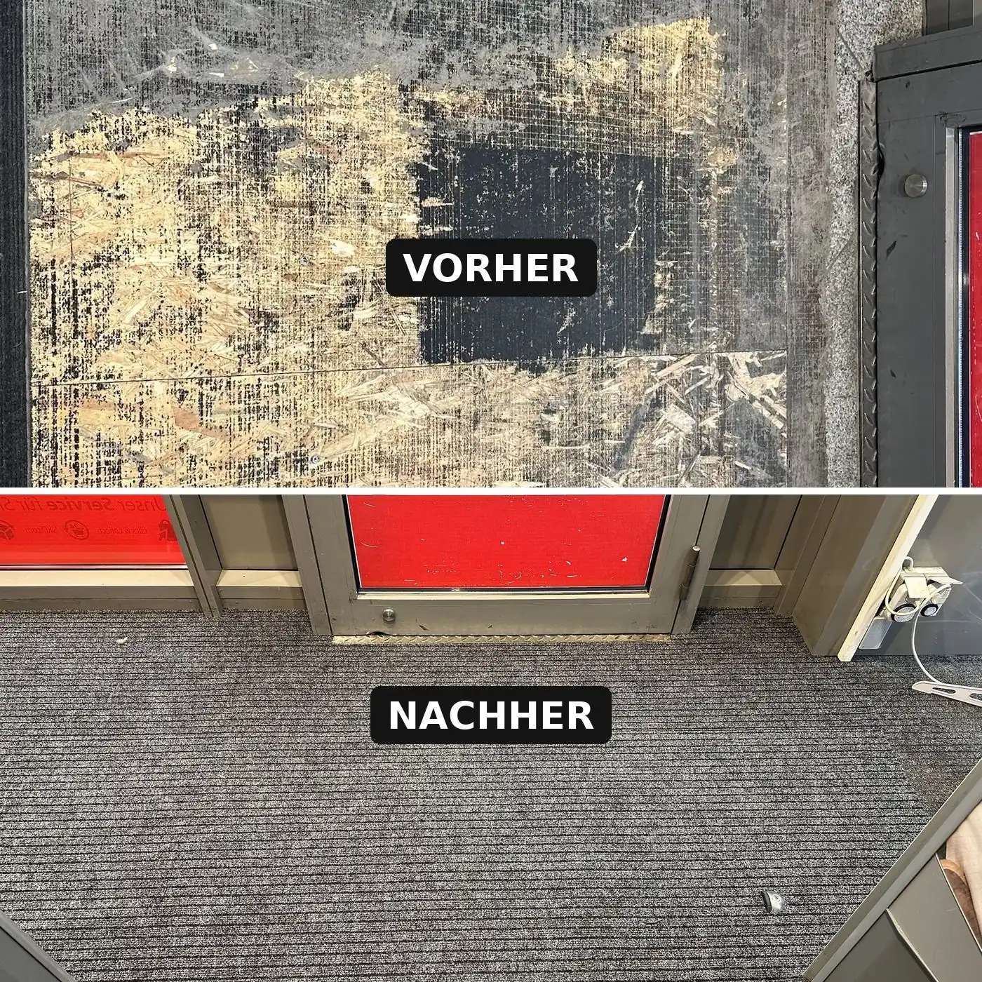 Sauberlaufmatte im Ladeneingang: vorher mit Kleberresten, nachher neu verlegt